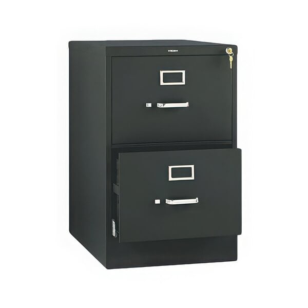 A black file cabinet with two drawers and silver handles.