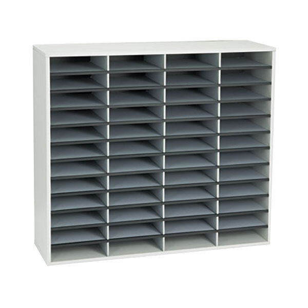 A white rectangular shelf with gray compartments.