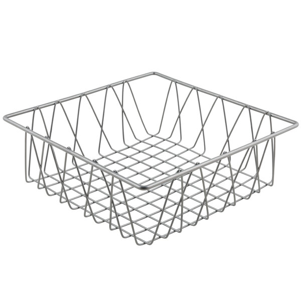 A Clipper Mill gray square wire basket with a handle.