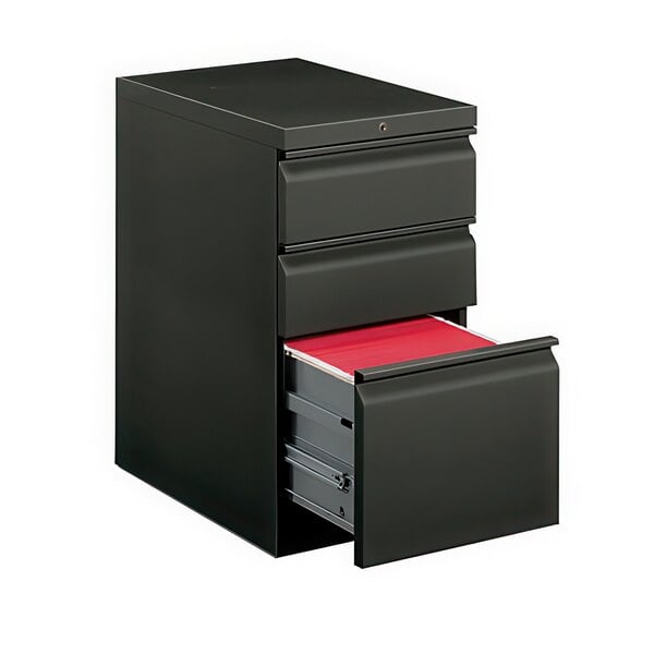 A black rectangular HON filing cabinet with three drawers.