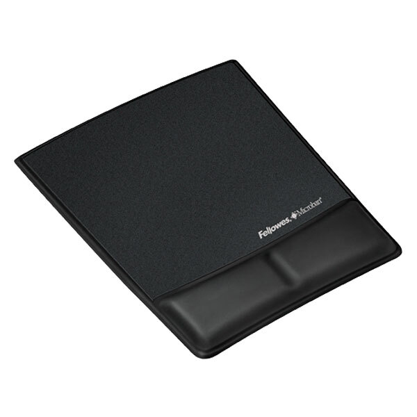 A Fellowes black mouse pad with a black cover and memory foam wrist pad.