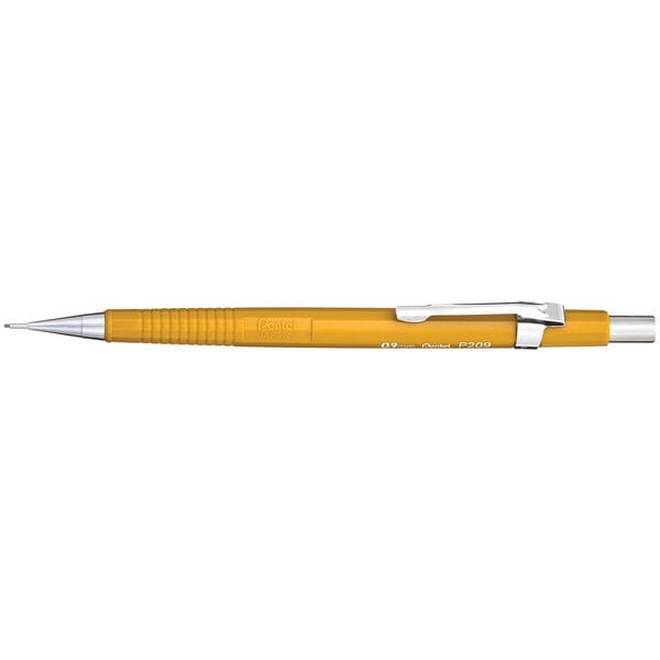 A yellow Pentel P209G mechanical pencil with a silver tip.