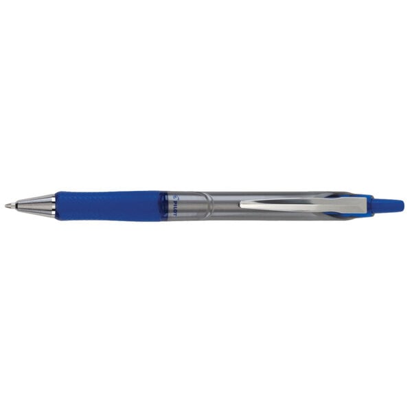 A close-up of a Pilot Acroball Pro blue pen with a silver tip.