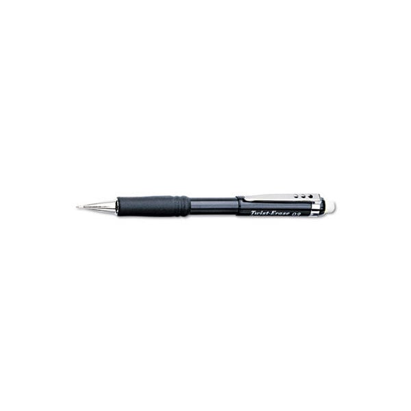 A black Pentel Twist-Erase III mechanical pencil with a silver tip.