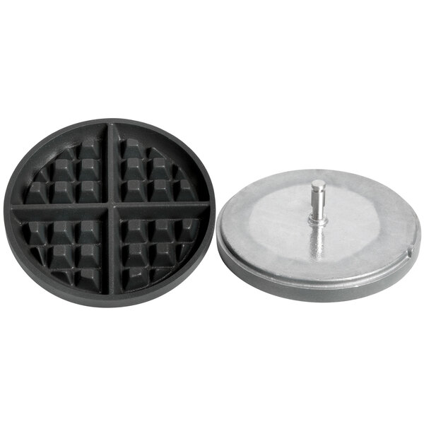 A round silver metal grid with a metal post.