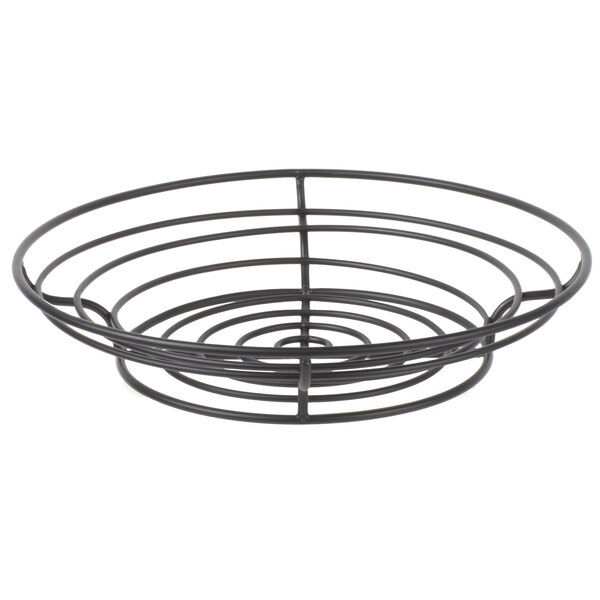 A black Clipper Mill round wire basket with a spiral design.