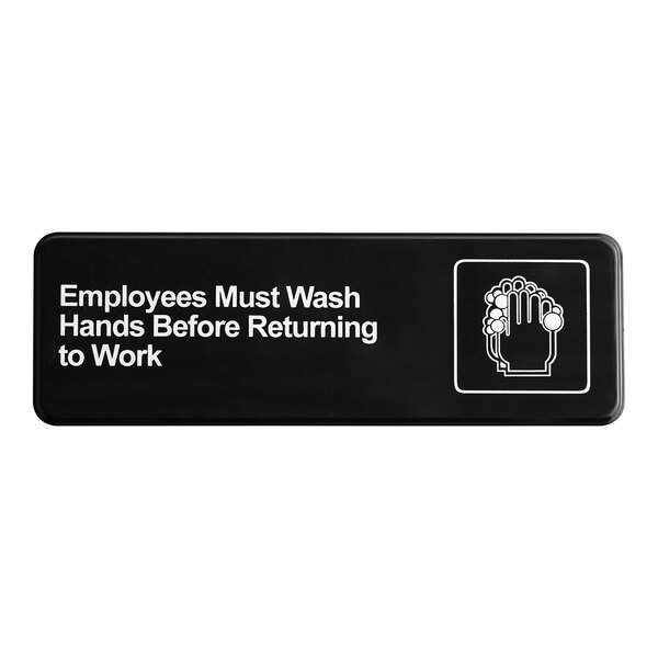 A black rectangular Vollrath sign with white text that says "Employees Must Wash Hands"