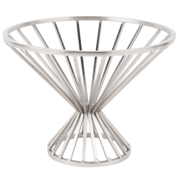 A silver metal Clipper Mill round wire basket with a cone shaped base.