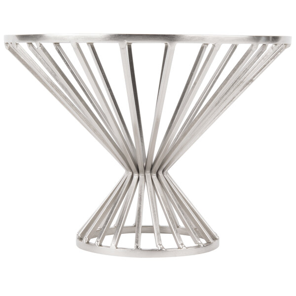 A Clipper Mill chrome plated iron round wire basket with a base.