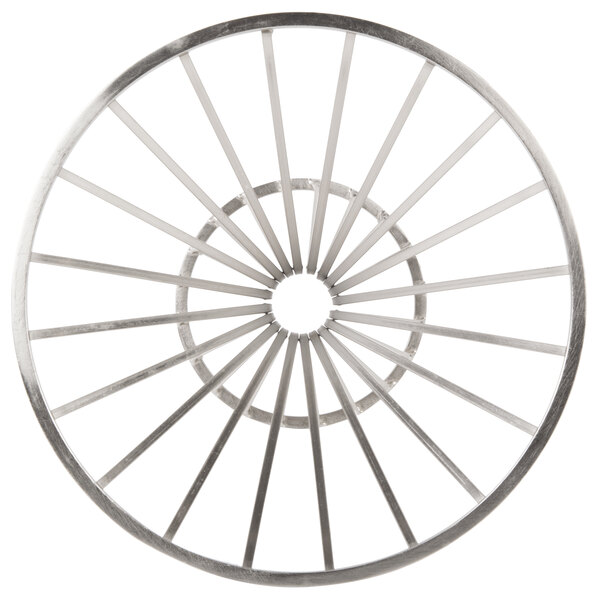 A white circular iron wire basket with a base and many lines.