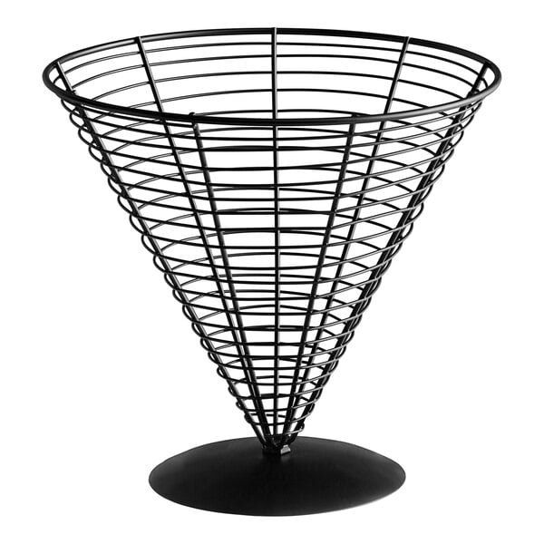 A Clipper Mill black wire mesh cone basket on a table.