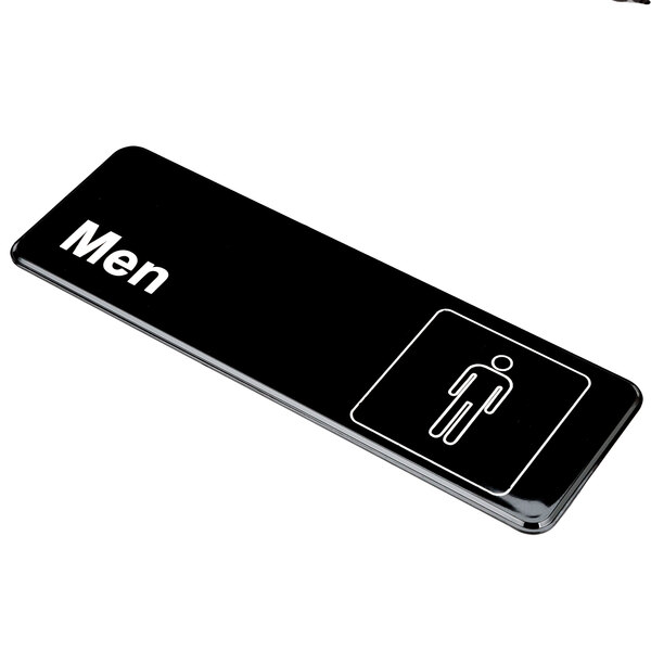 A black rectangular Vollrath Men's restroom sign with white text reading "Men" and a pictogram of a man.