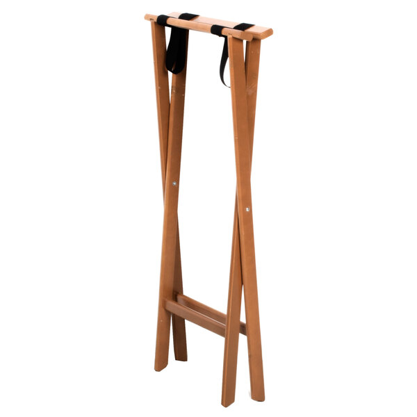 An American Metalcraft walnut wood tray stand with black straps.