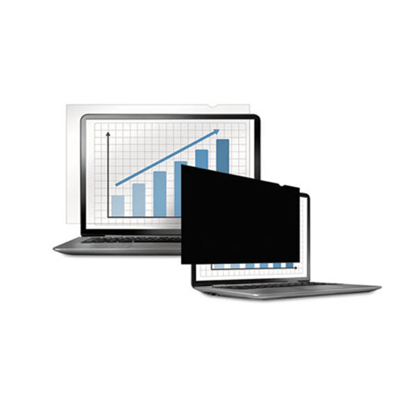 A Fellowes PrivaScreen privacy filter on a laptop with a graph on the screen.