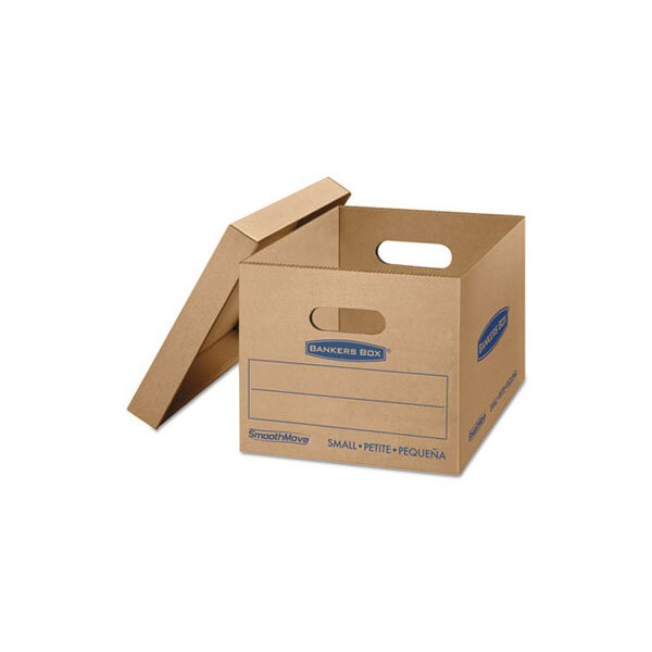 A brown Banker's Box SmoothMove Classic cardboard box with blue text on it.