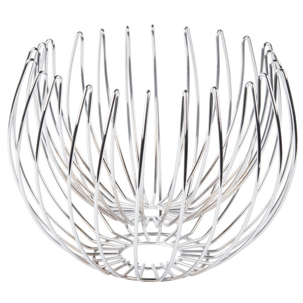 A Clipper Mill chrome plated iron wire basket with a spiral design made of many wire rods.