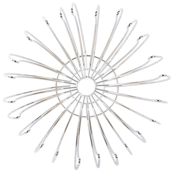 A circular wire basket with many suspended metal rings.