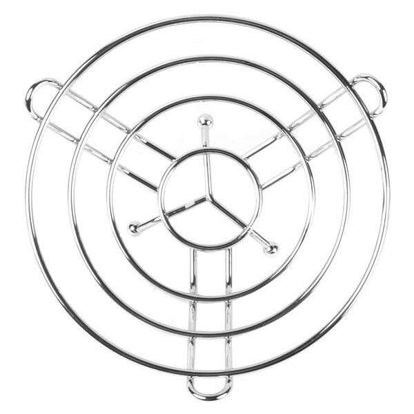 A Clipper Mill chrome plated iron round basket with circles.