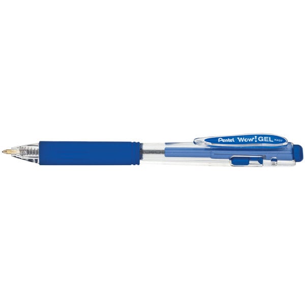 The clear cap and translucent barrel of a blue Pentel K437C WOW! Gel Pen.
