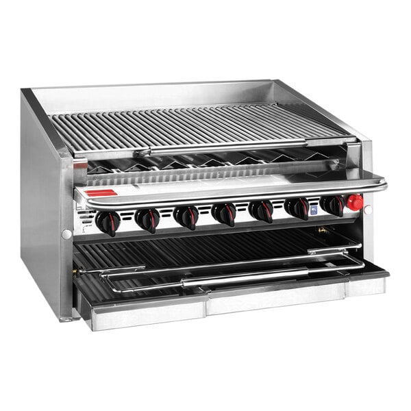 A MagiKitch'n stainless steel countertop charbroiler with two radiant burners.