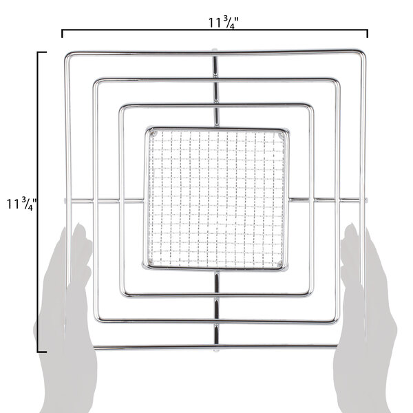 A Chrome plated iron square wire basket with a square pattern.