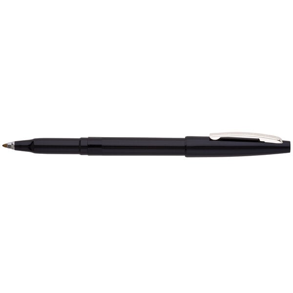 A Pentel R100A black rolling writer stick pen with a silver tip.