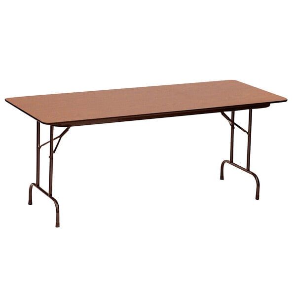 A brown rectangular Correll folding table with a metal frame.