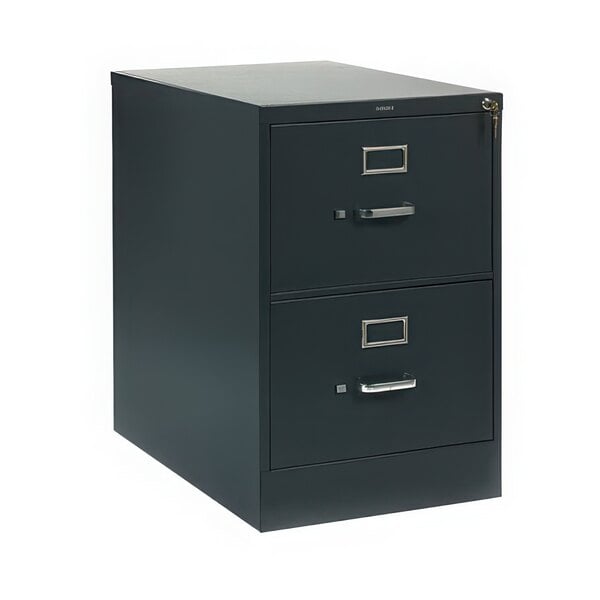 A HON charcoal filing cabinet with two drawers.