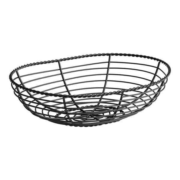 A Clipper Mill black powder coated iron wire basket with a curved edge and handle.