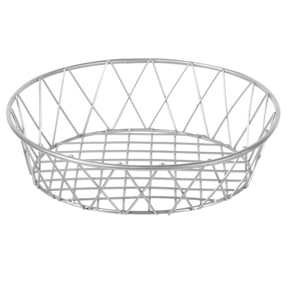 A gray powder coated iron wire round basket with a wire handle.