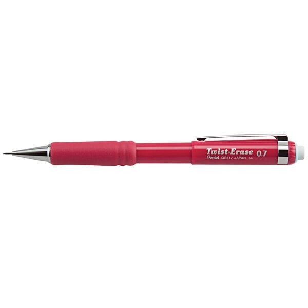 A red Pentel Twist-Erase III mechanical pencil with a silver tip and black accents.