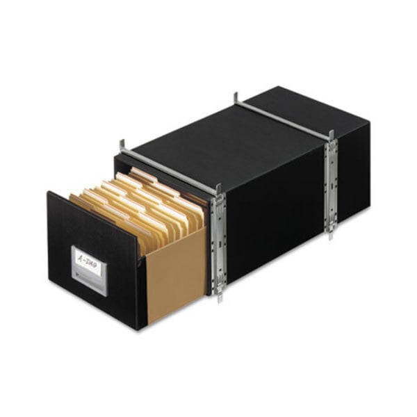 A black Bankers Box file drawer in a file cabinet filled with folders.
