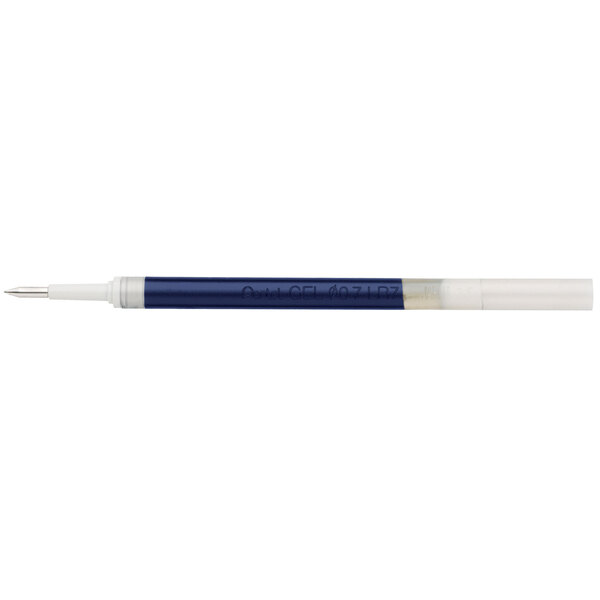 A blue and white Pentel EnerGel pen refill with a silver tip.
