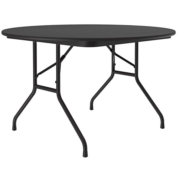 A Correll black round folding table with metal legs.