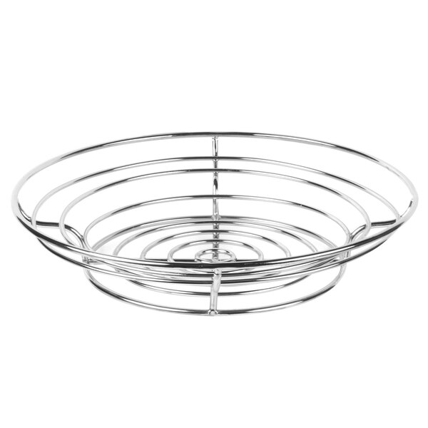 A chrome plated iron round wire basket with rings.