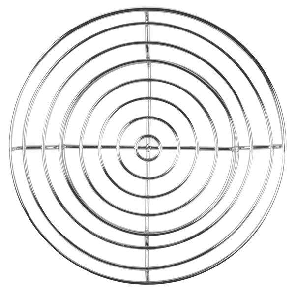 A Clipper Mill chrome plated iron round wire basket. A circular metal grid with circles.