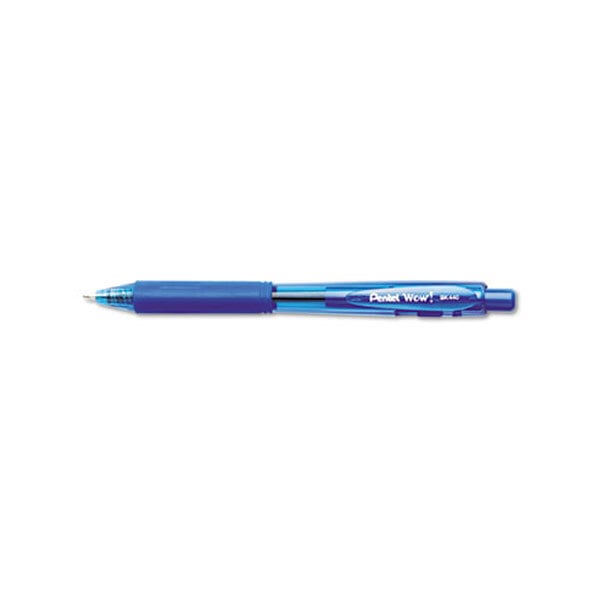 A Pentel blue ballpoint pen with a blue cap.