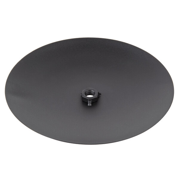 A black circular iron wire basket base with a nut screw.