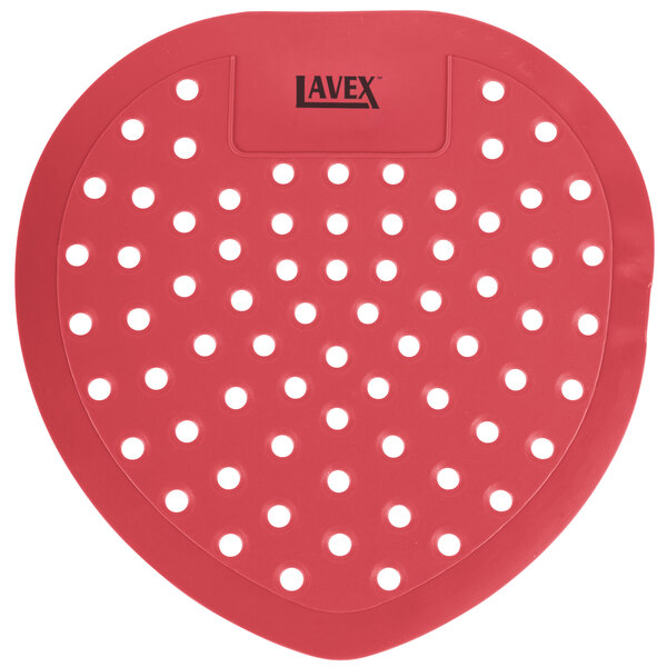 A white background with a red heart-shaped Lavex urinal screen with polka dots and holes.