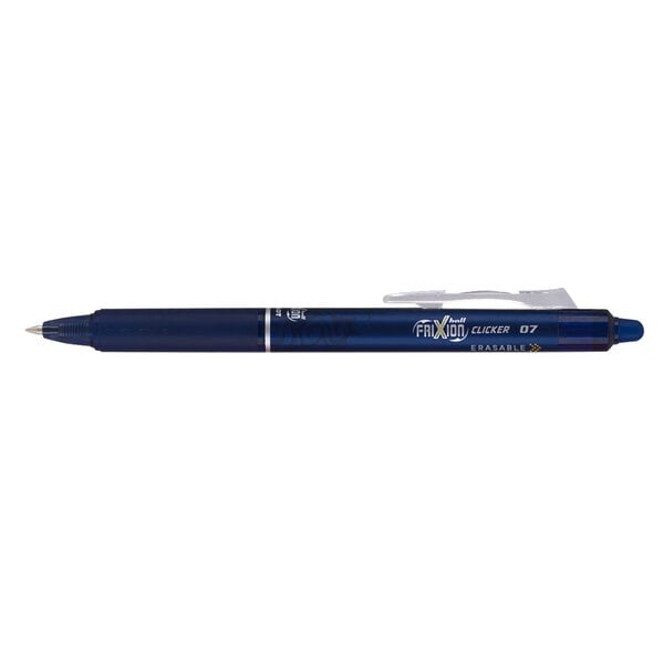 A navy Pilot FriXion Clicker pen with a silver clip.