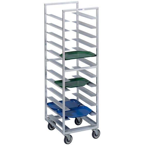 A Channel metal tray rack with green trays on it.