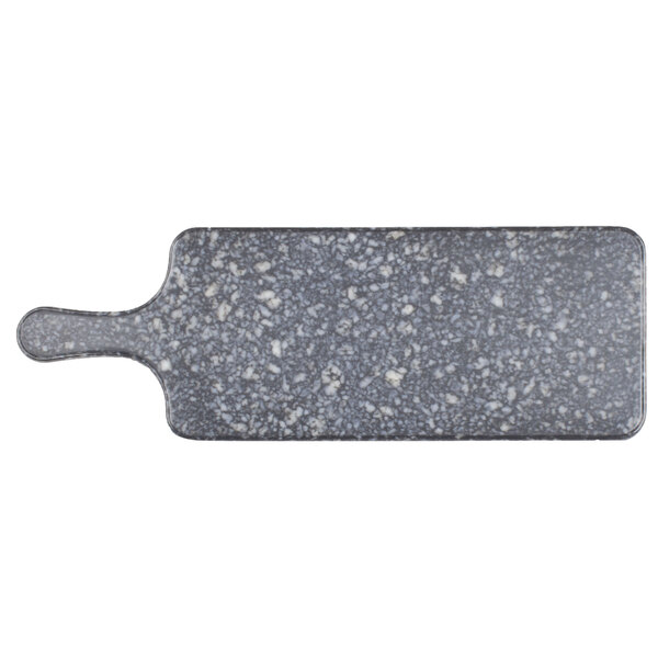 A grey and white marbled melamine serving board with handle.