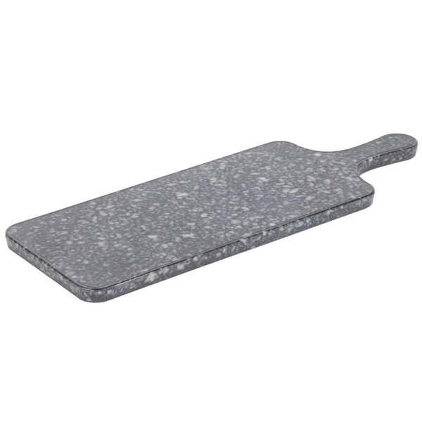 A black and grey Thunder Group Onyx Faux Marble melamine serving board with a handle.