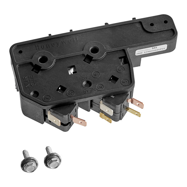 A black Amana interlock kit switch with screws.
