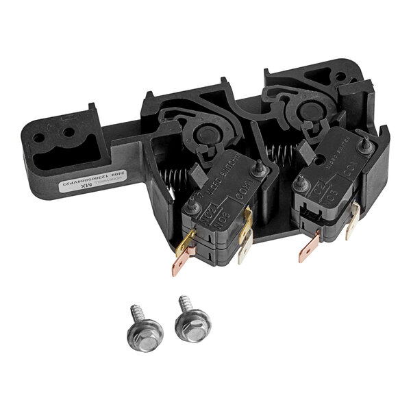 A black electrical switch with two screws.
