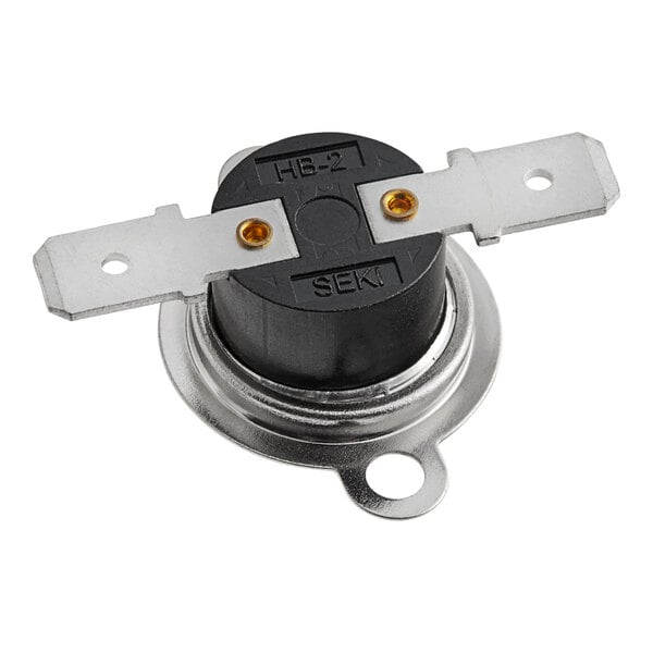 A black and silver Amana commercial microwave cutout-thermal thermostat with two metal plates and screws.