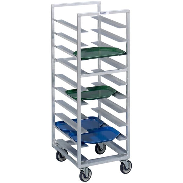 A Channel metal rack with blue trays on it.