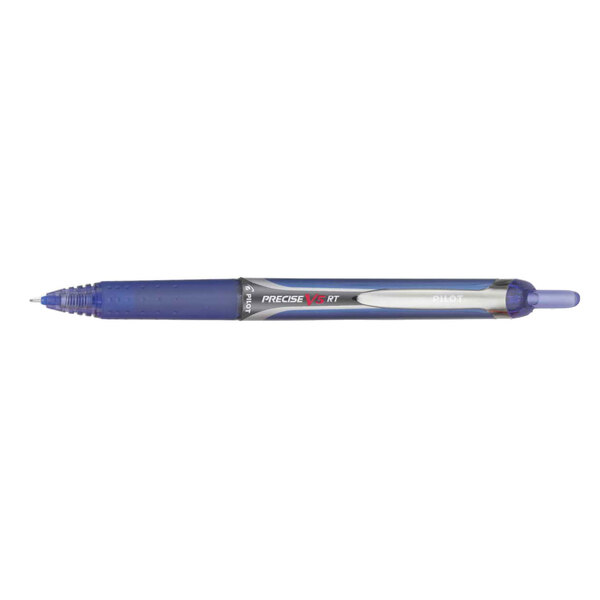 A Pilot Precise V5RT blue retractable pen with a black cap.