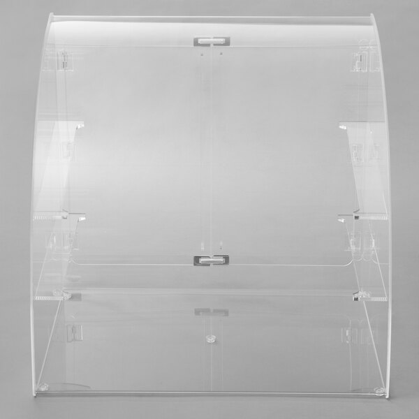 A clear acrylic bakery display case with clear plastic shelves and rear doors.
