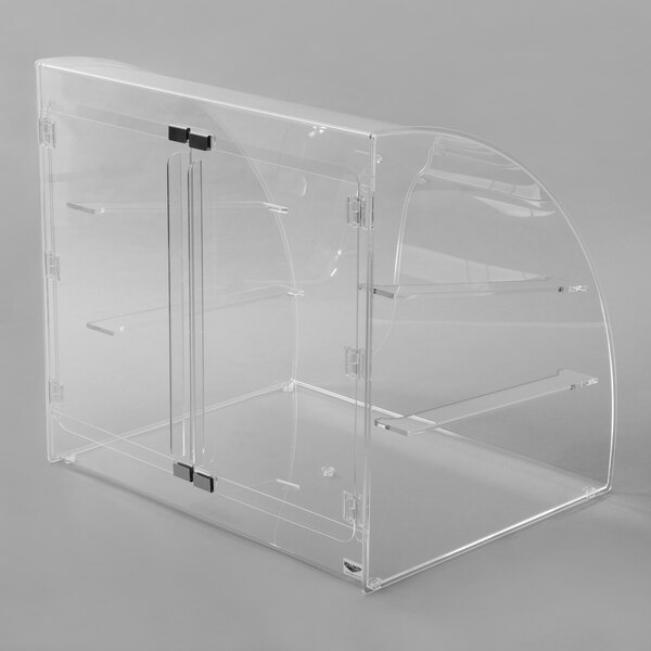A clear plastic box with a curved top and two doors.